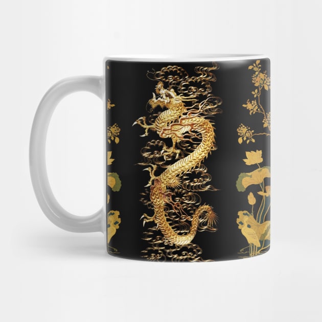 GOLD DRAGON IN BLACK,Egret,Lotus,Green Gold Floral by BulganLumini